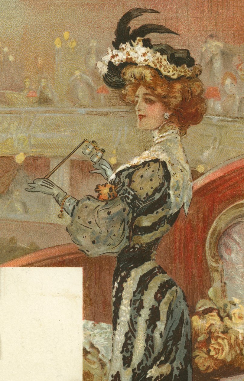 Mulher elegante no teatro (litografia a cores) de European School