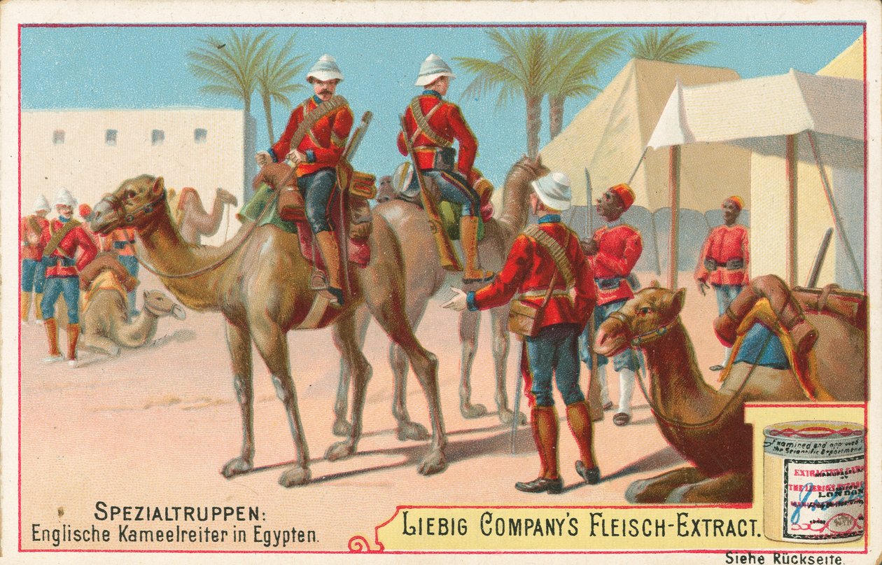 Soldados ingleses em camelos, cartão Liebig, início do século XX (cromo) de European School