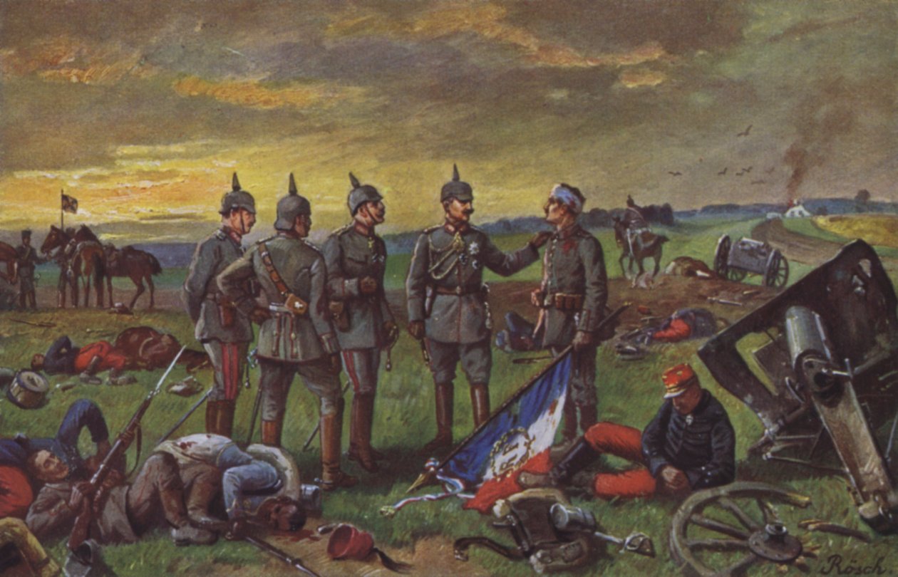 Soldados alemães no campo de batalha após uma vitória sobre os franceses, Guerra Franco-Prussiana de European School