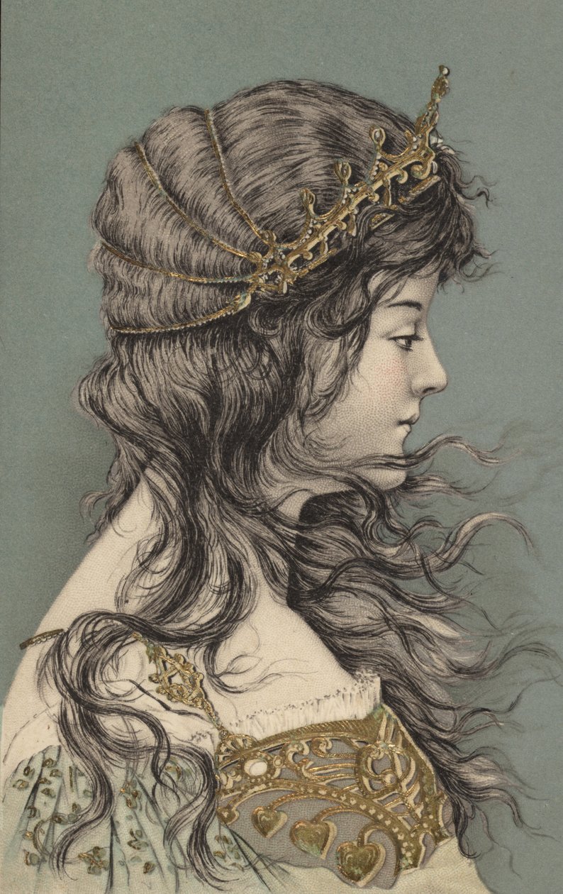 Rapariga com uma tiara (litografia a cores) de European School