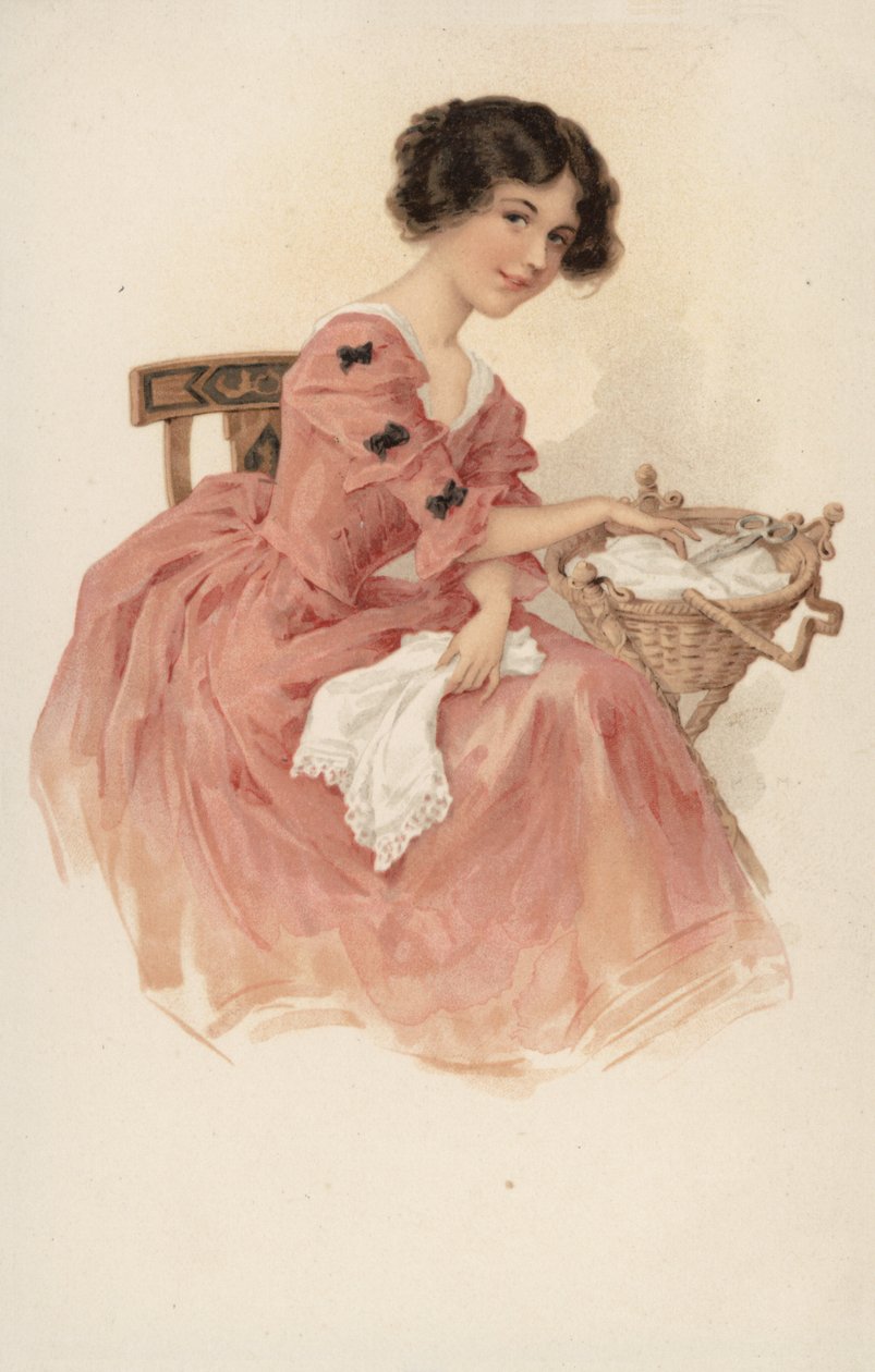 Rapariga de cor-de-rosa com um cesto de costura (litografia a cores) de European School