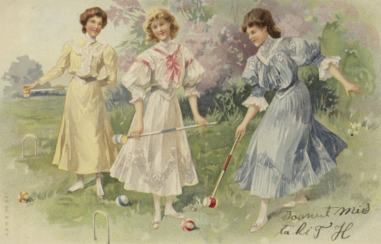 Raparigas a jogar croquet (cromolitho) de European School