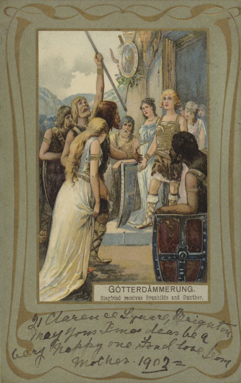 Gotterdammerung, Siegfried recebe Brunhilde e Gunther (litografia a cores) de European School