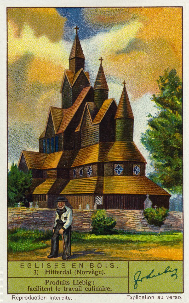 Igreja de Heddal Stave, Noruega (cromolitografia) de European School