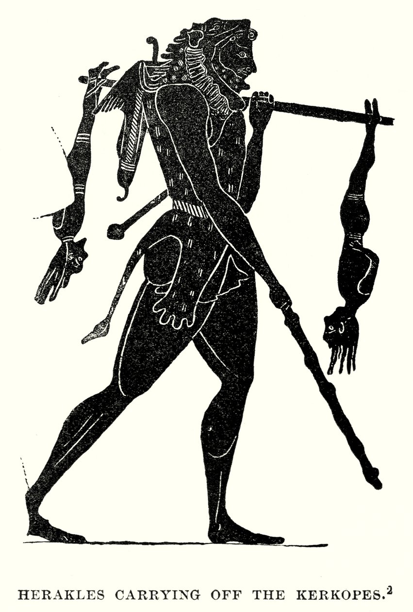 Herakles carregando o Kerkopes (gravura) de European School