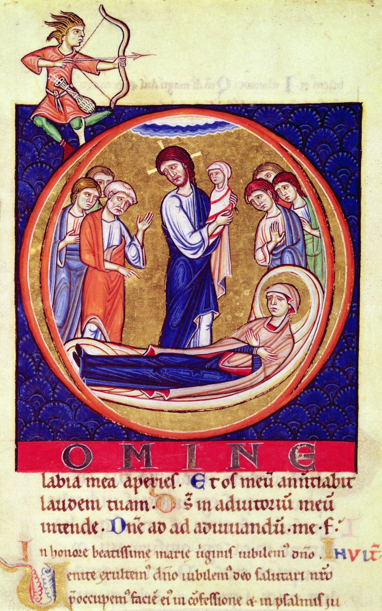 Inicial historiada retratando a morte da Virgem, de um manuscrito desconhecido, do século XII ao XIII de European School
