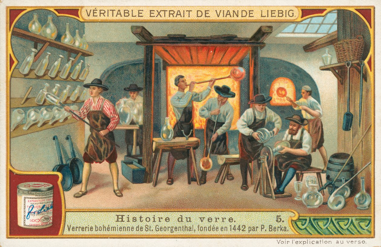História do vidro, cartão Liebig, início do século XX (cromo) de European School