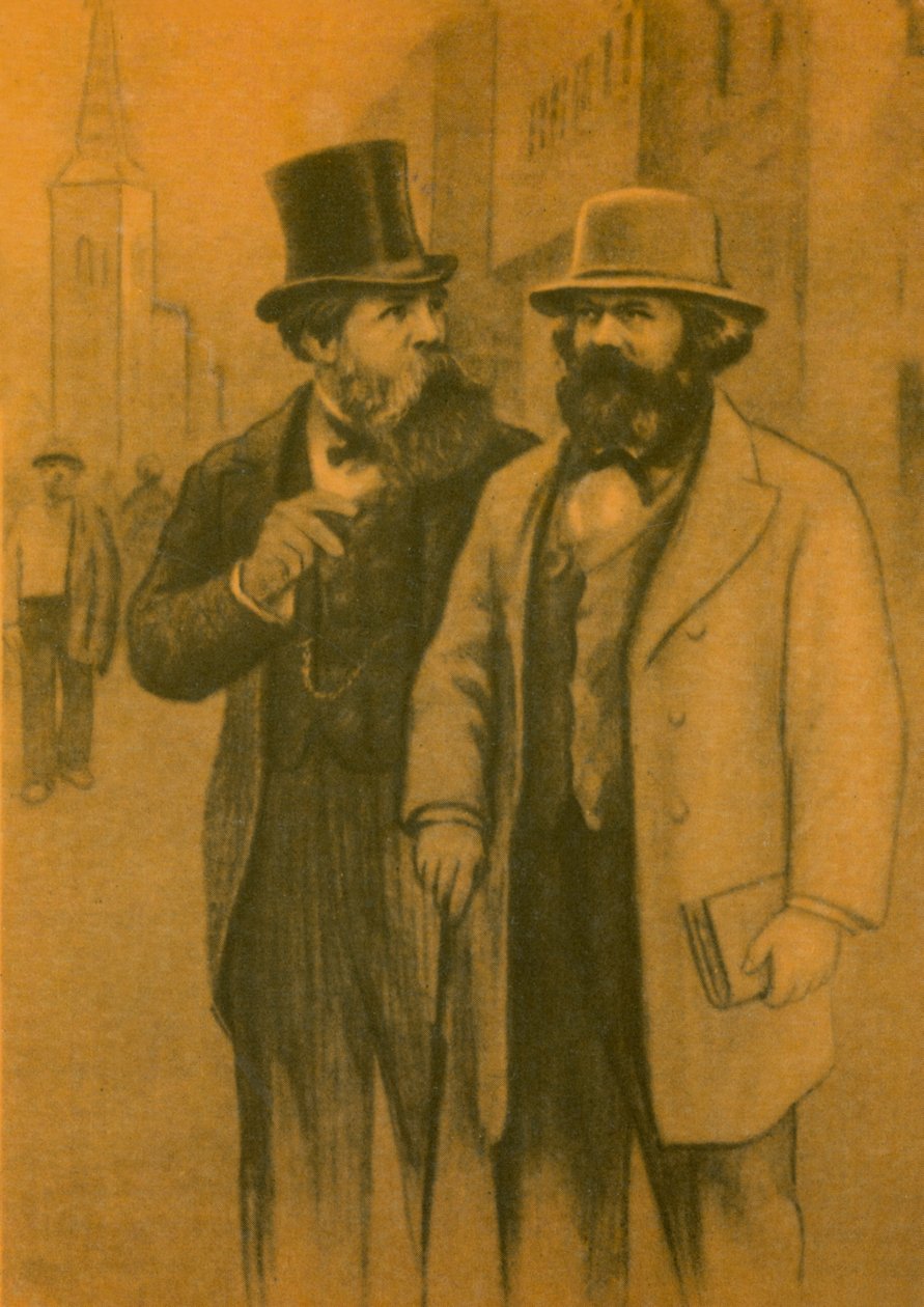 Karl Marx e Friedrich Engels, filósofos e economistas comunistas alemães (litografia a cores) de European School