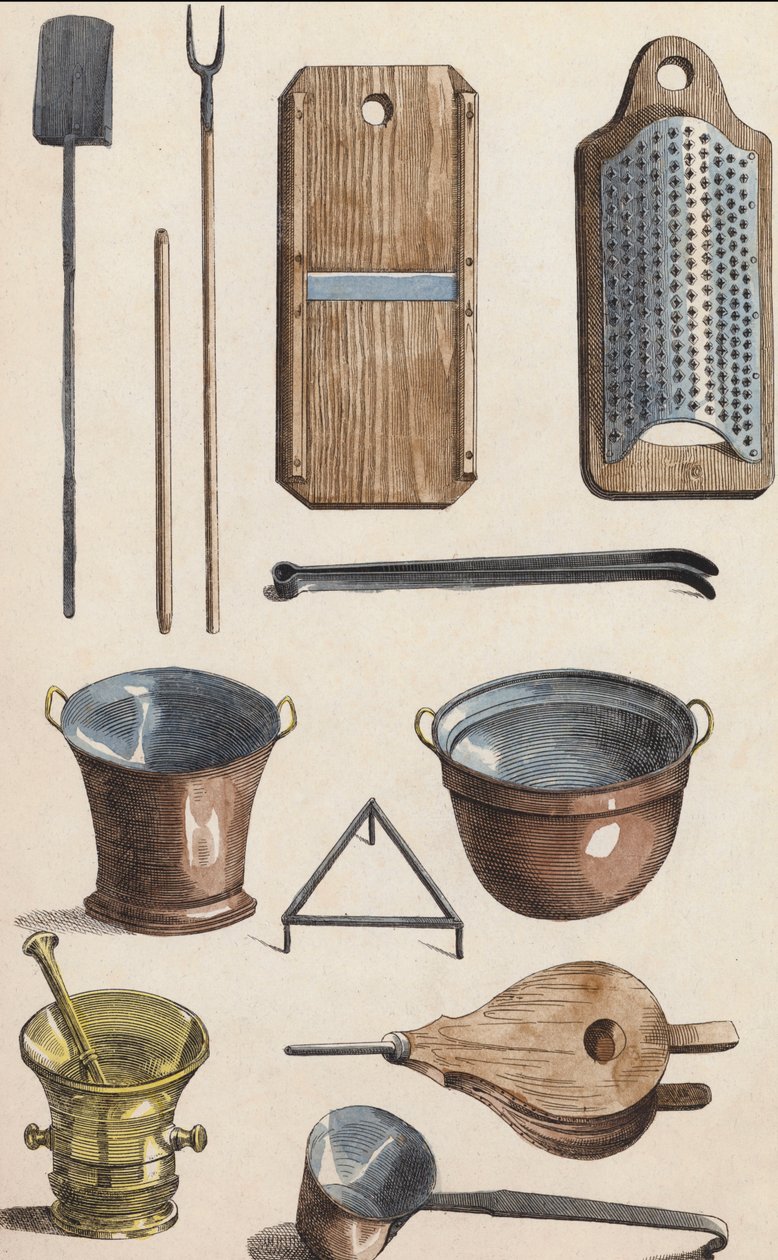 Utensílios de cozinha (litografia a cores) de European School