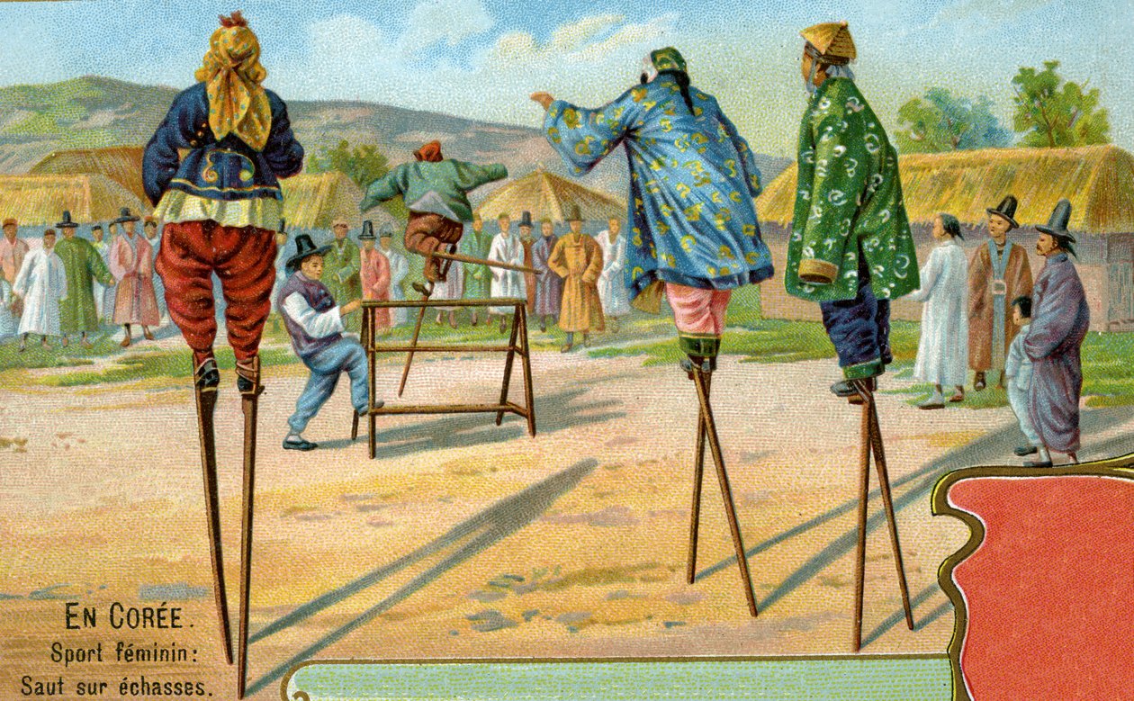 Mulheres coreanas sobre palafitas jogando um jogo de saltar sobre obstáculos, 1904 de European School