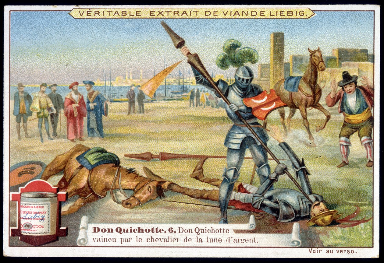 Cromolitografia de Liebig: Série "Dom Quixote", n.º 6: Dom Quixote derrotado pelo cavaleiro da lua de prata. de European School