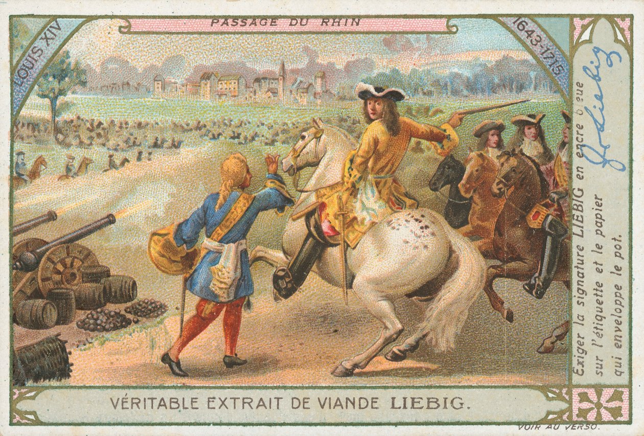 Luís XIV atravessando o Reno, cartão Liebig, início do século XX (cromo) de European School