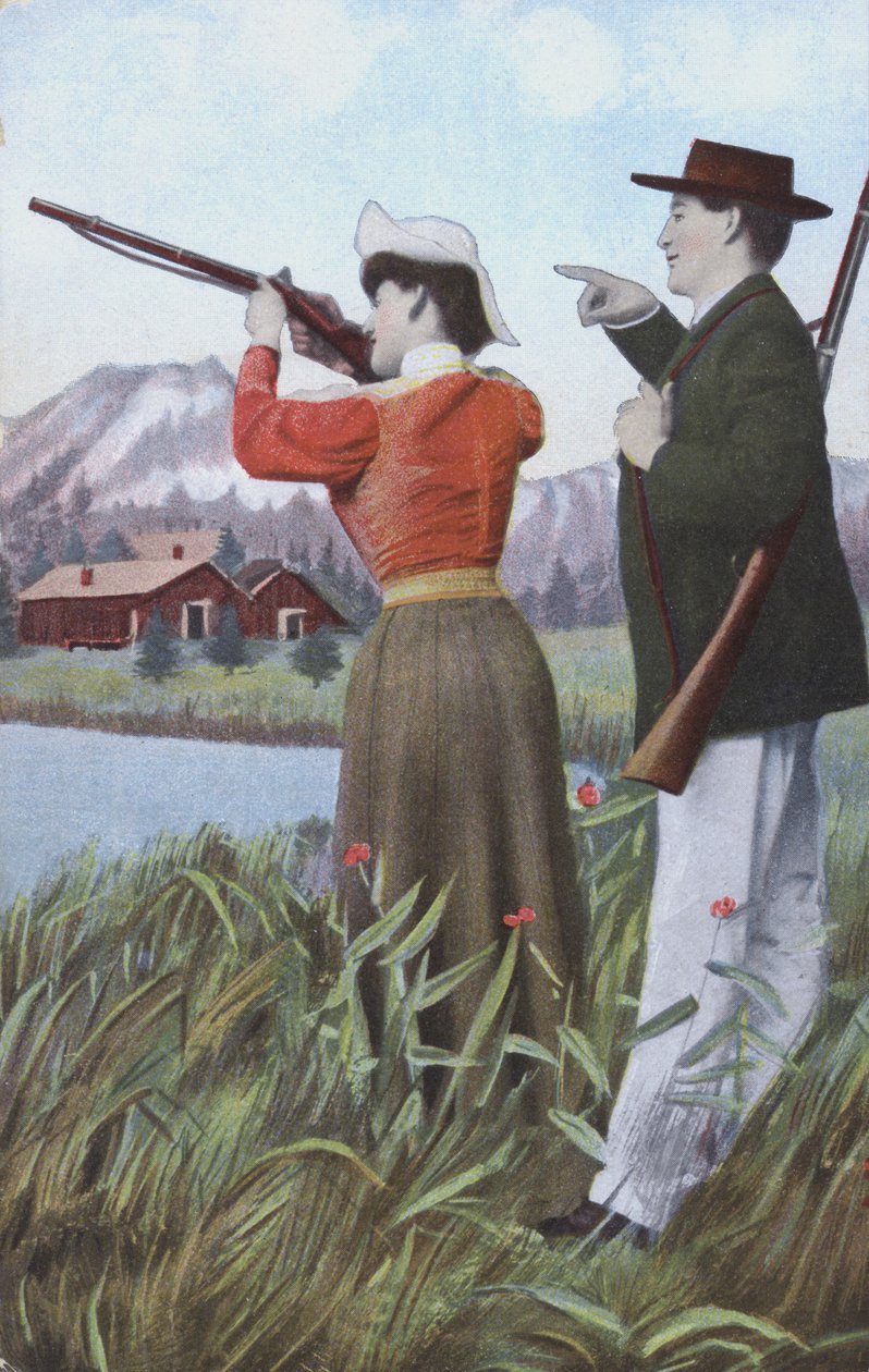 Homem e mulher a disparar (litografia a cores) de European School