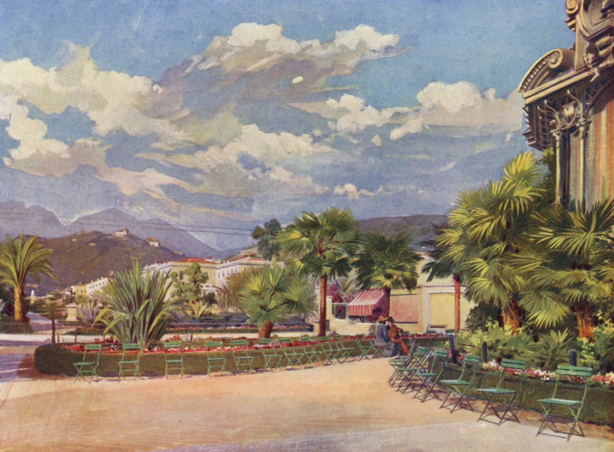 Menton, O Quiosque da Música e o Jardim Novo (litografia a cores) de European School