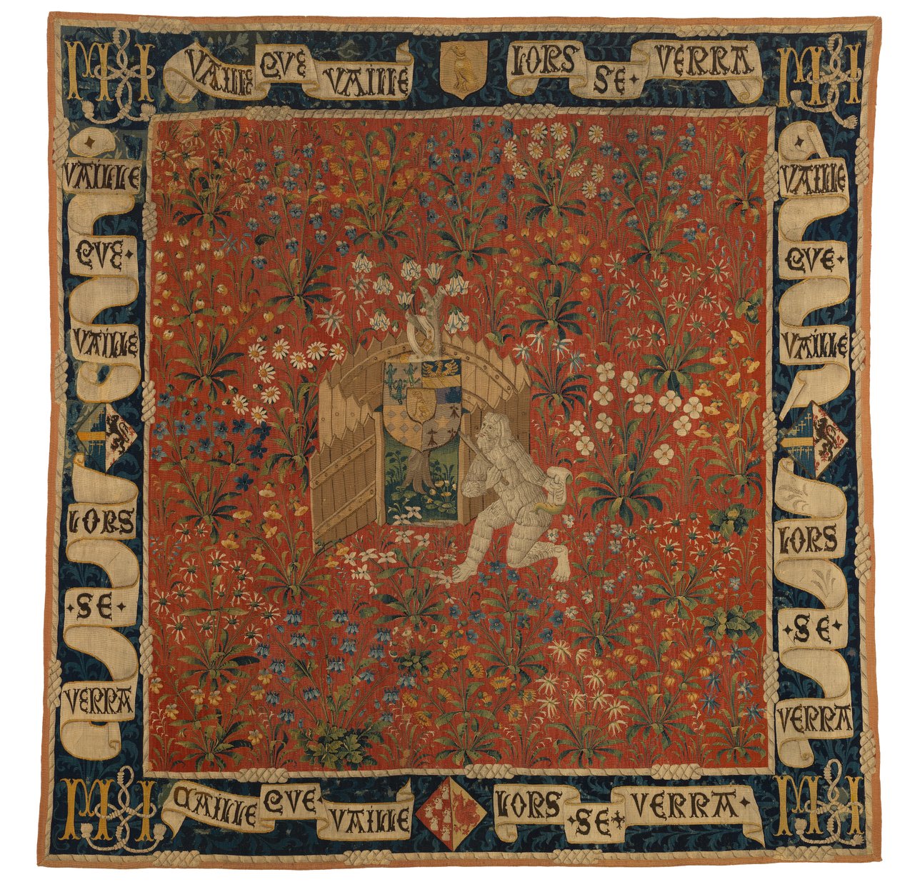 Tapeçaria Mille fleurs representando verdura, escudo de armas e um homem selvagem, c.1500 (lã) de European School