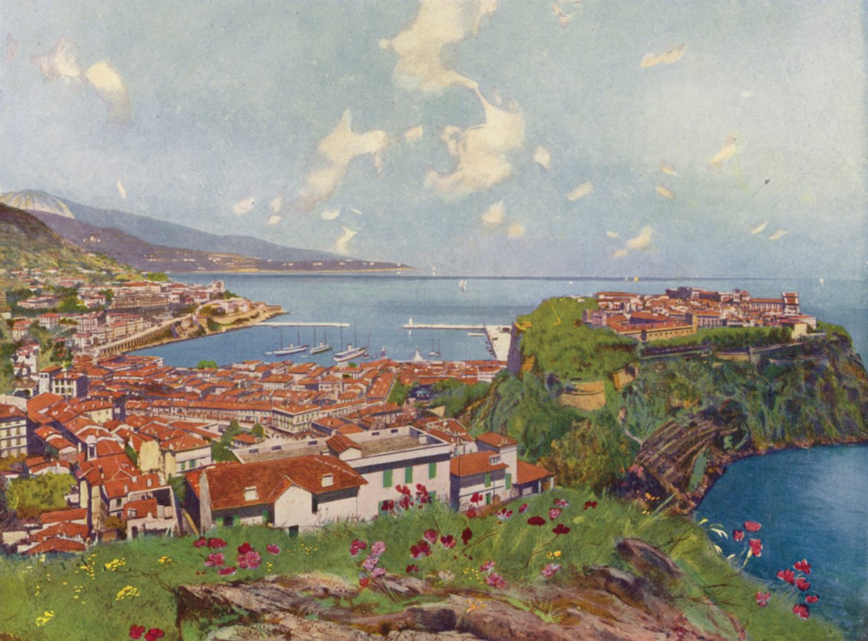 Mónaco, O Rochedo e Vista Geral (litografia a cores) de European School