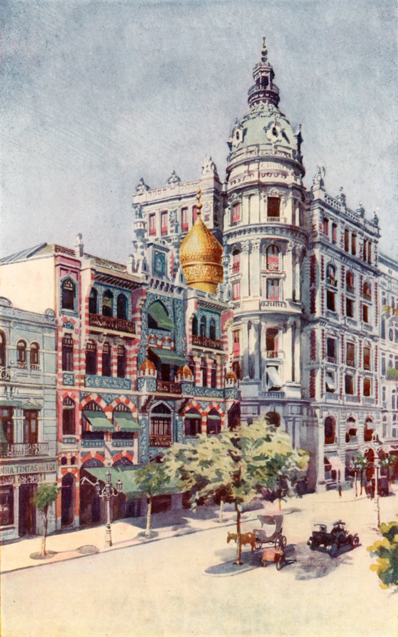 Edifício dos Mouros e Escritórios dos Srs. Guinle, Avenida Rio Branco (litografia a cores) de European School