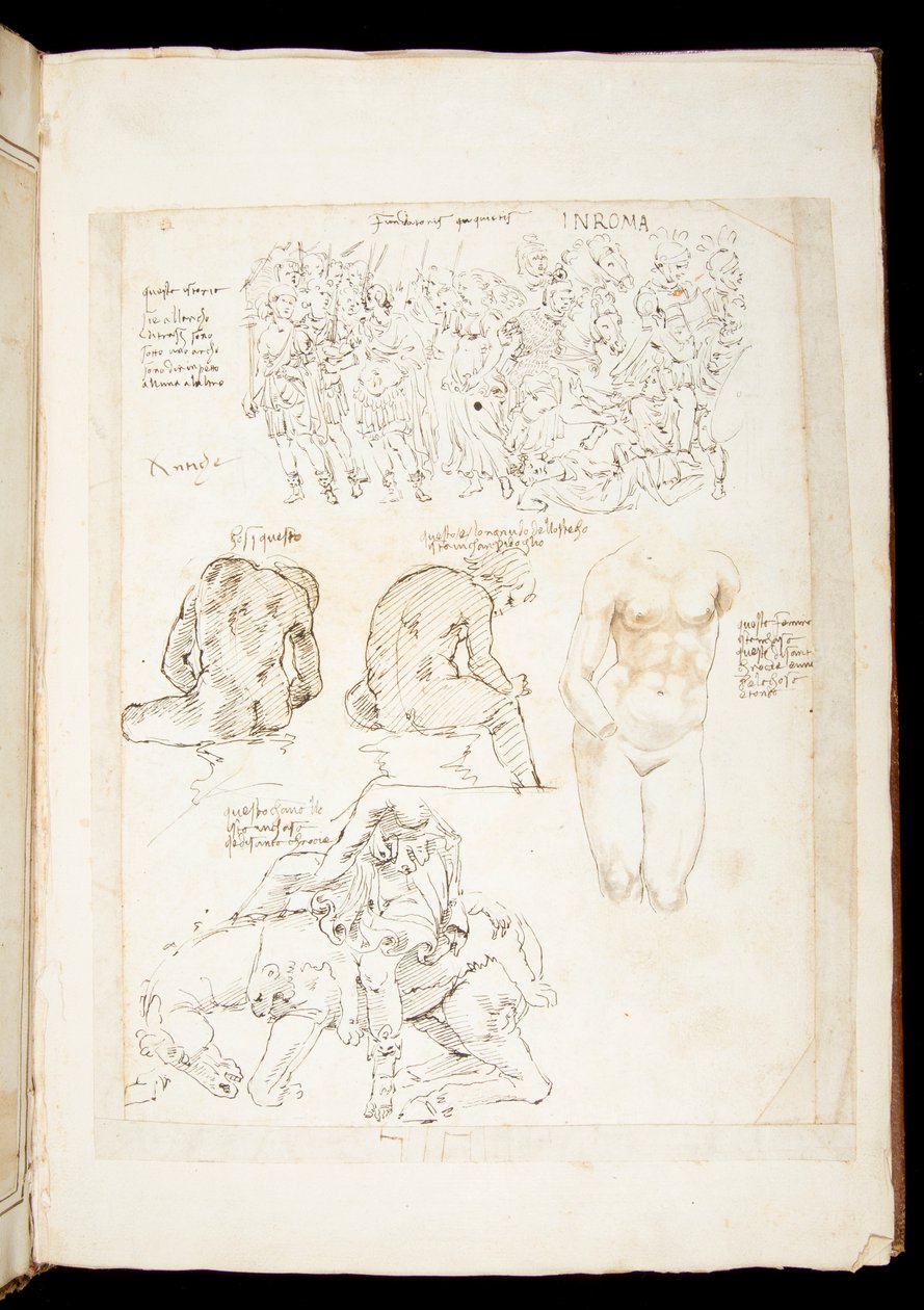 Sra. 701 fl.34v, Desenho incluindo uma vista do Spinario do fundo, final do século XV (caneta e tinta sobre papel) de European School