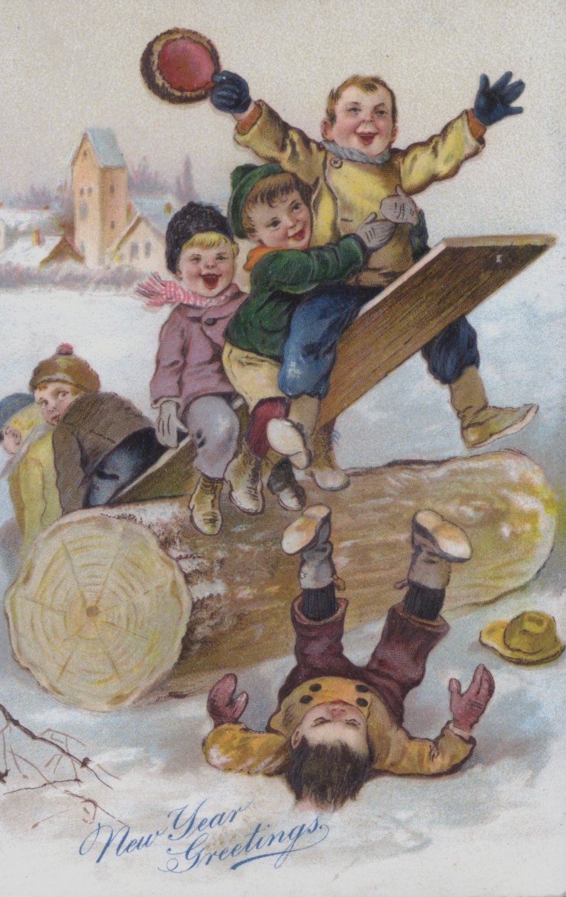 Cartão de felicitações de Ano Novo com crianças a brincar na neve (cromolitografia) de European School