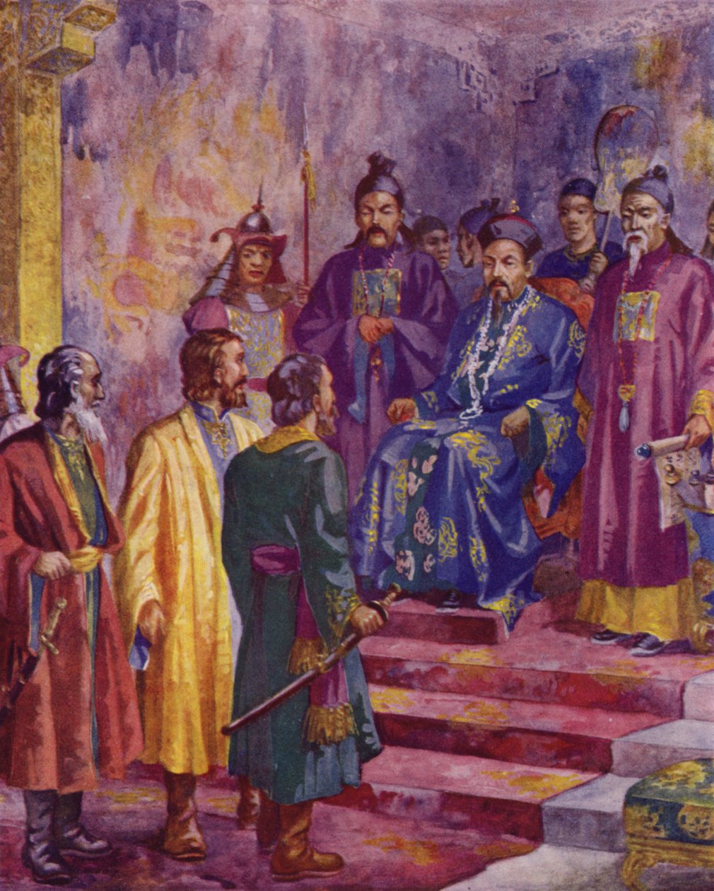 Encontro de Niccolo, Maffaeo e Marco Polo com Kublai Khan, século XX (litografia a cores) de European School