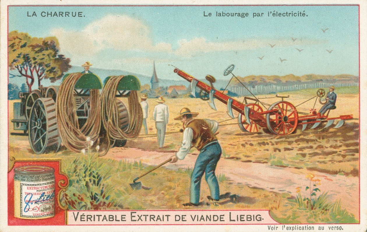 Lavoura, por eletricidade, cartão Liebig, início do século XX (cromo) de European School