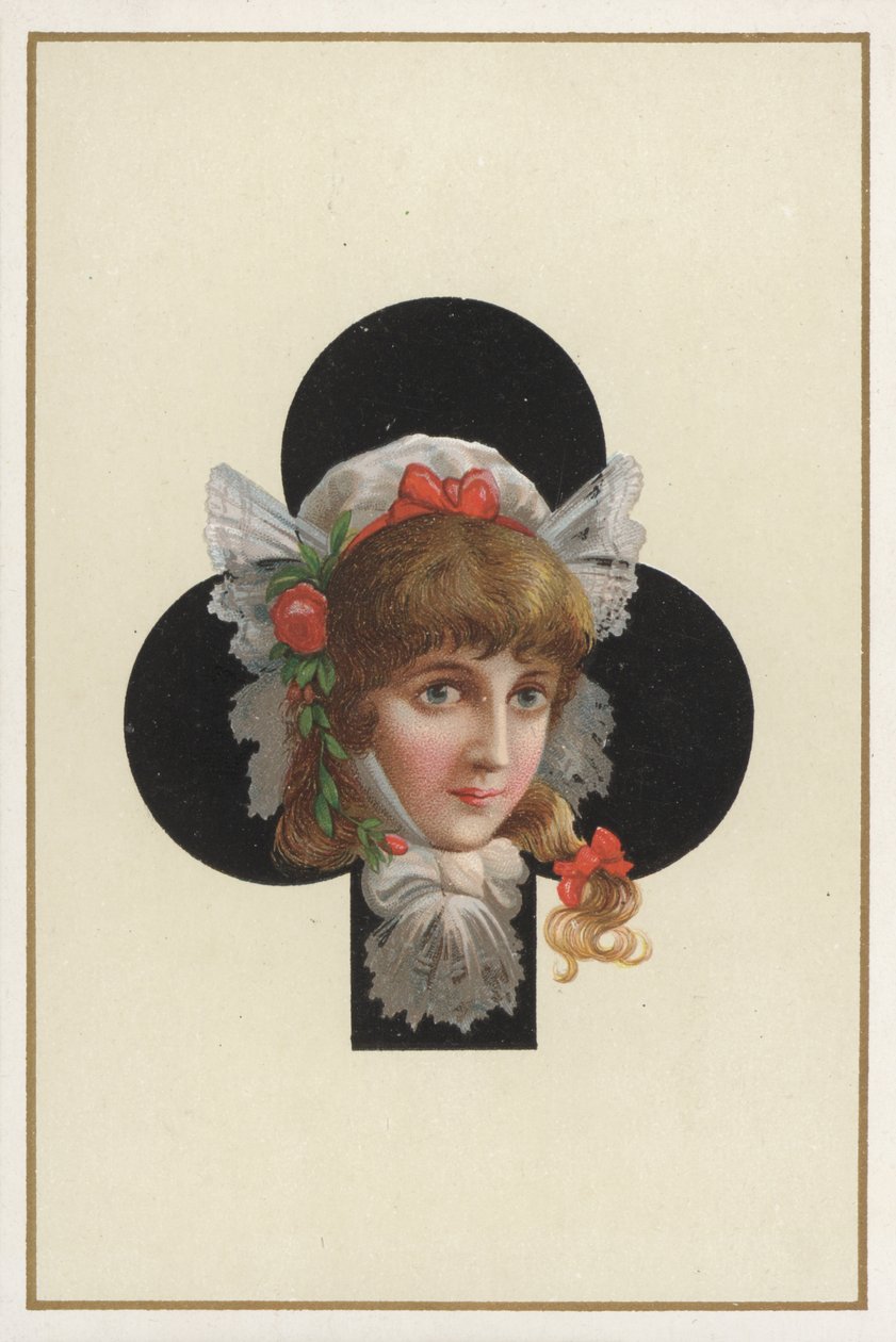 Retrato de uma rapariga numa carta de jogar (litografia a cores) de European School