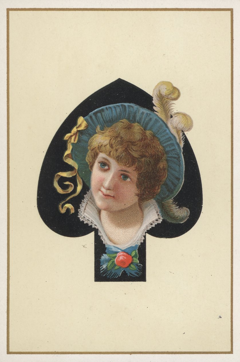 Retrato de uma rapariga numa carta de jogar (litografia a cores) de European School