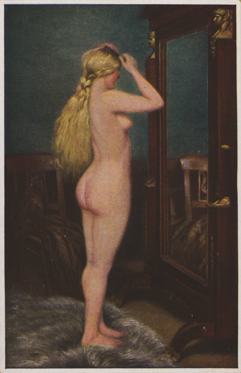 Retrato de uma mulher nua com cabelo louro comprido (litografia a cores) de European School