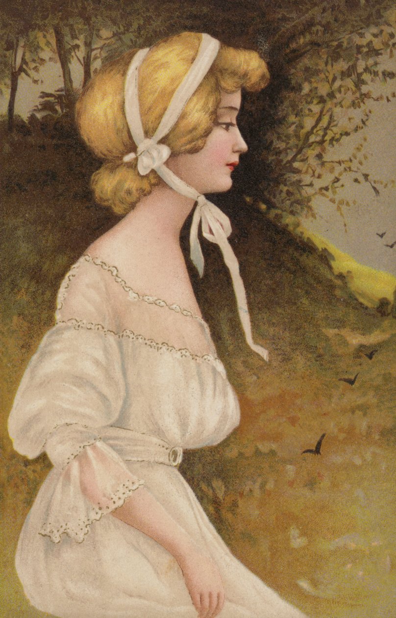 Perfil de uma senhora de branco (litografia a cores) de European School