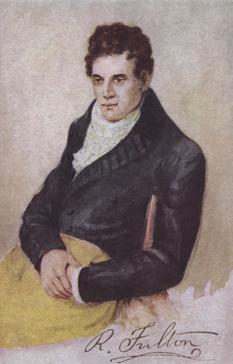 Robert Fulton, engenheiro americano, inventor e pioneiro do barco a vapor (litografia a cores) de European School