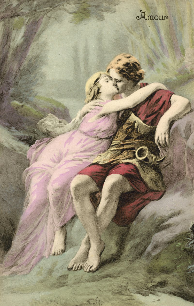 Jovem e rapariga romanos (litografia a cores) de European School
