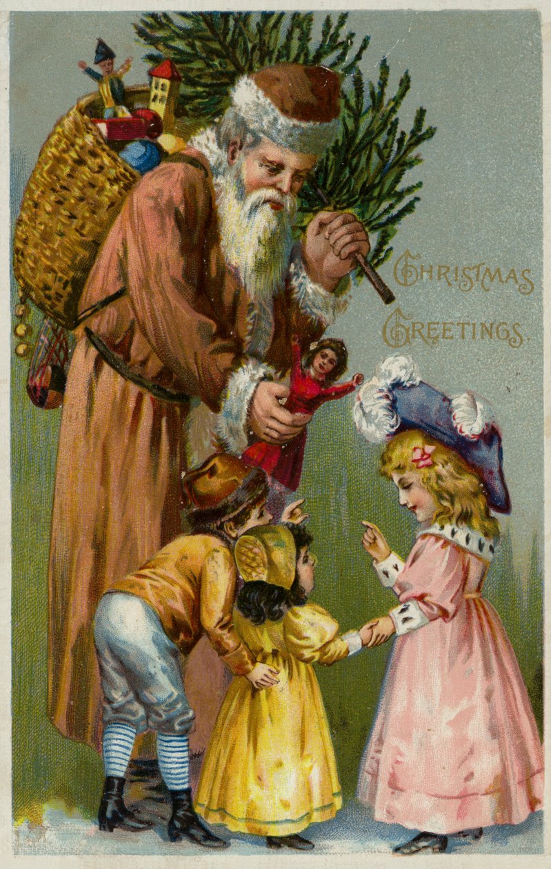 O Pai Natal a dar presentes e uma árvore de Natal às crianças (litografia a cores) de European School