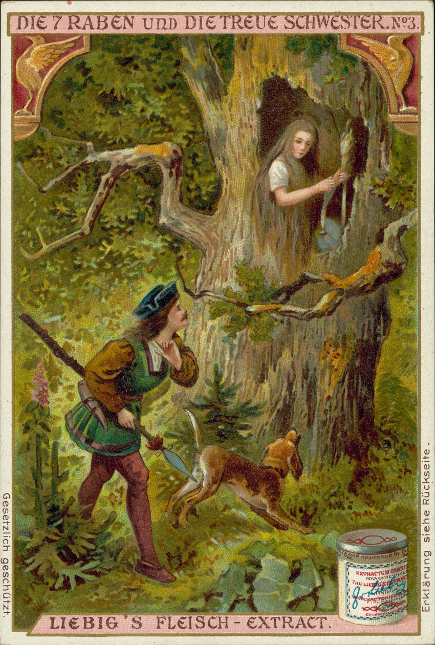 Cena de Os Sete Corvos, conto de fadas dos Irmãos Grimm (cromolitografia) de European School