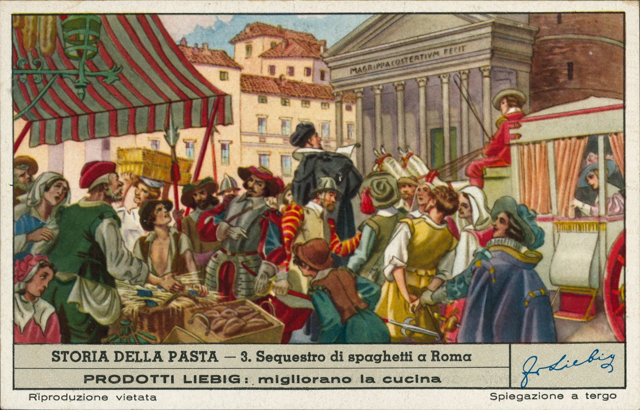 Apreensão de esparguete comercializado ilegalmente, Roma (cromolito) de European School