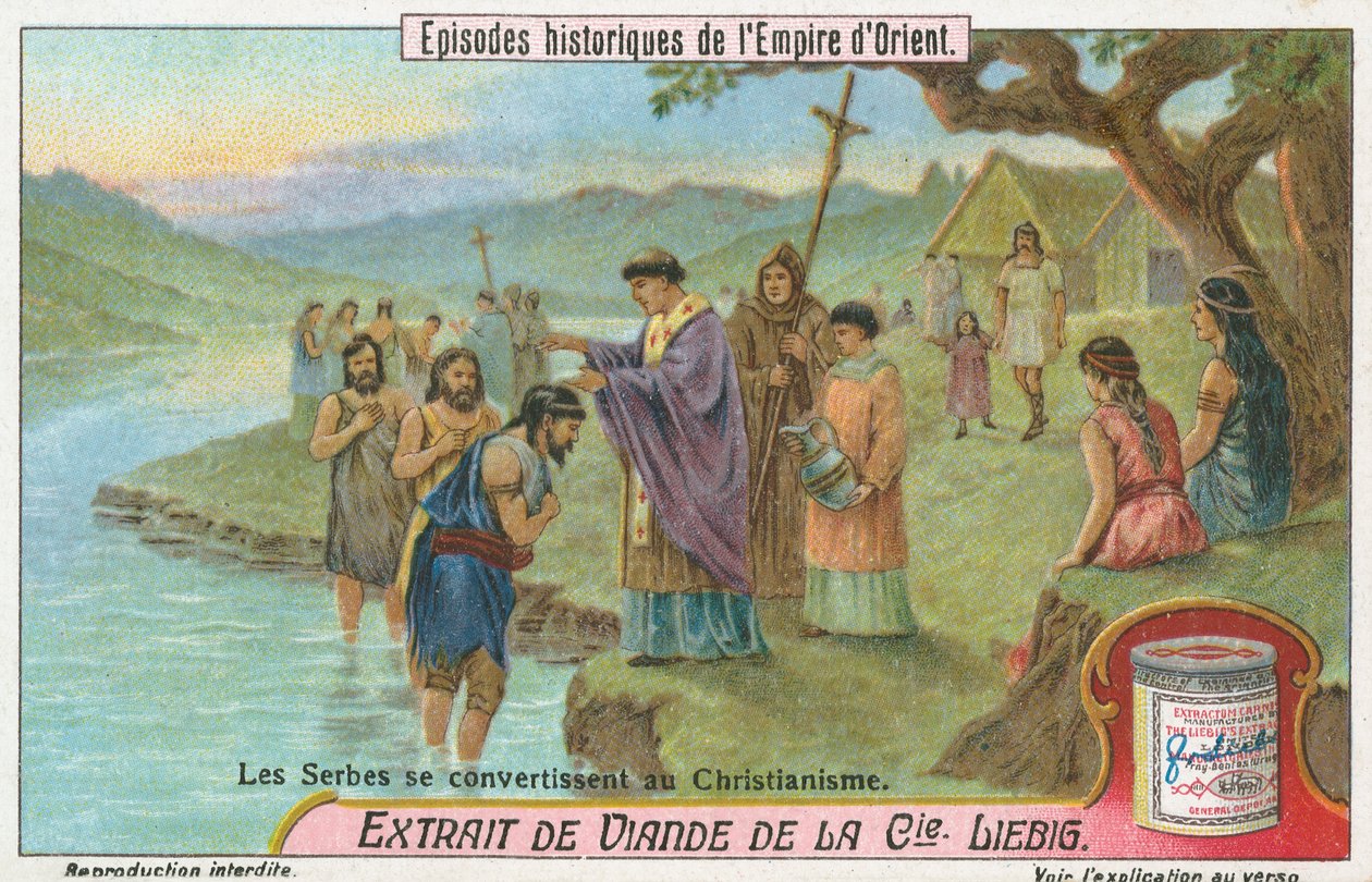 Sérvios convertidos ao cristianismo, cartão de Liebig, início do século XX (chromo) de European School