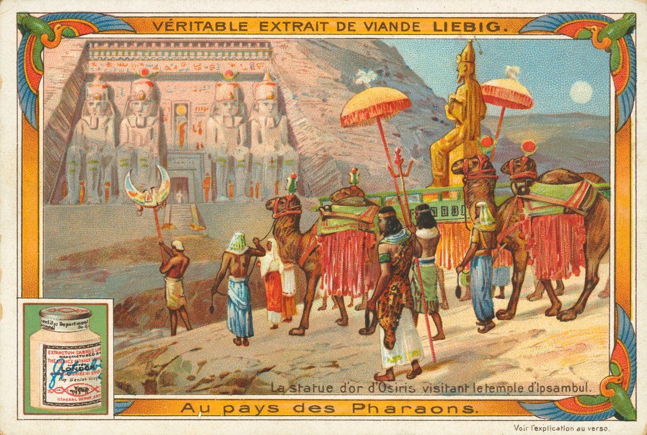 Estátua de Osíris visitando o templo de Ipsambul, cartão Liebig, início do século XX (cromo) de European School