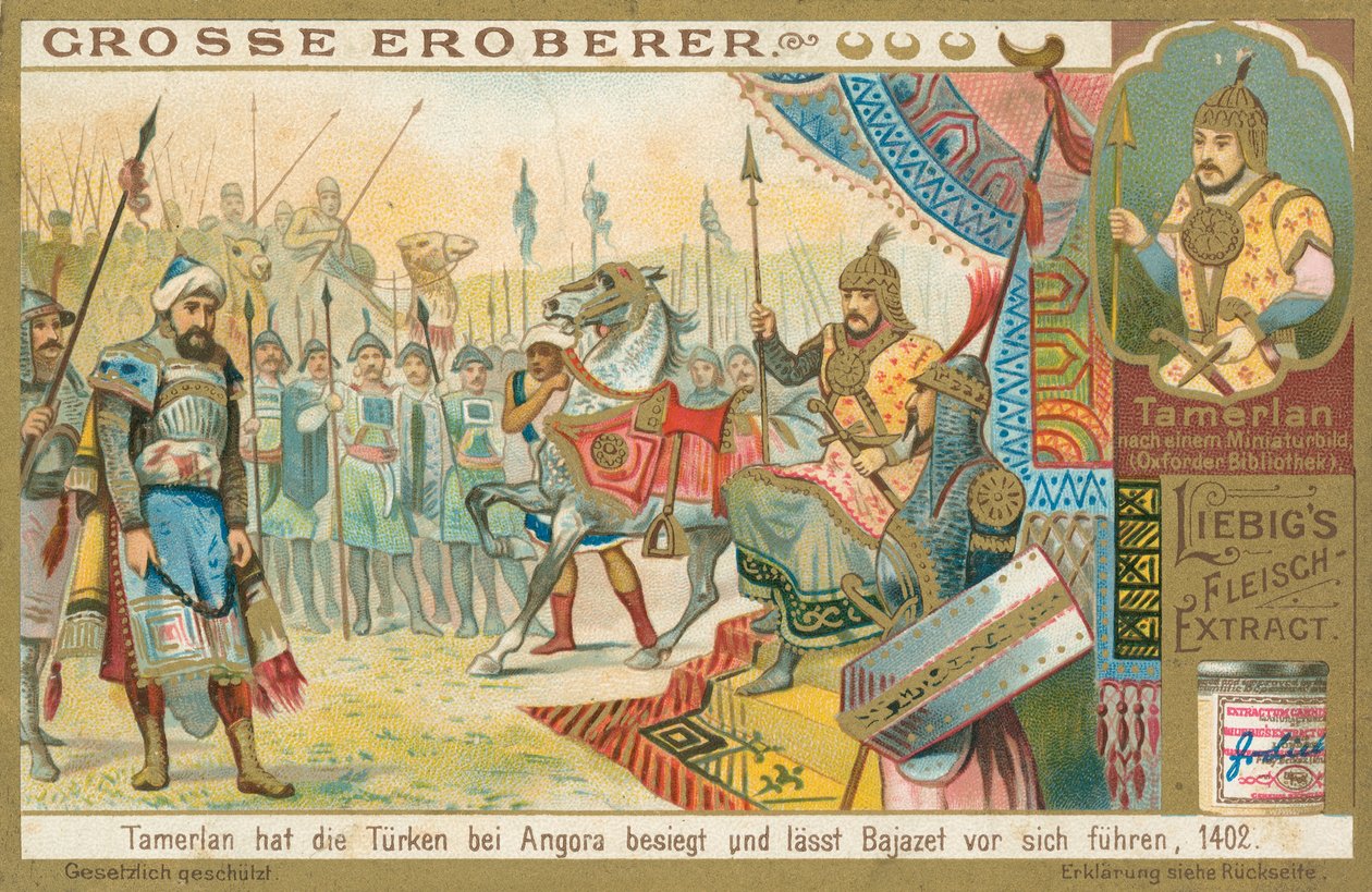 Tamburlaine conquista Bajazeth, cartão Liebig, início do século XX (cromo) de European School