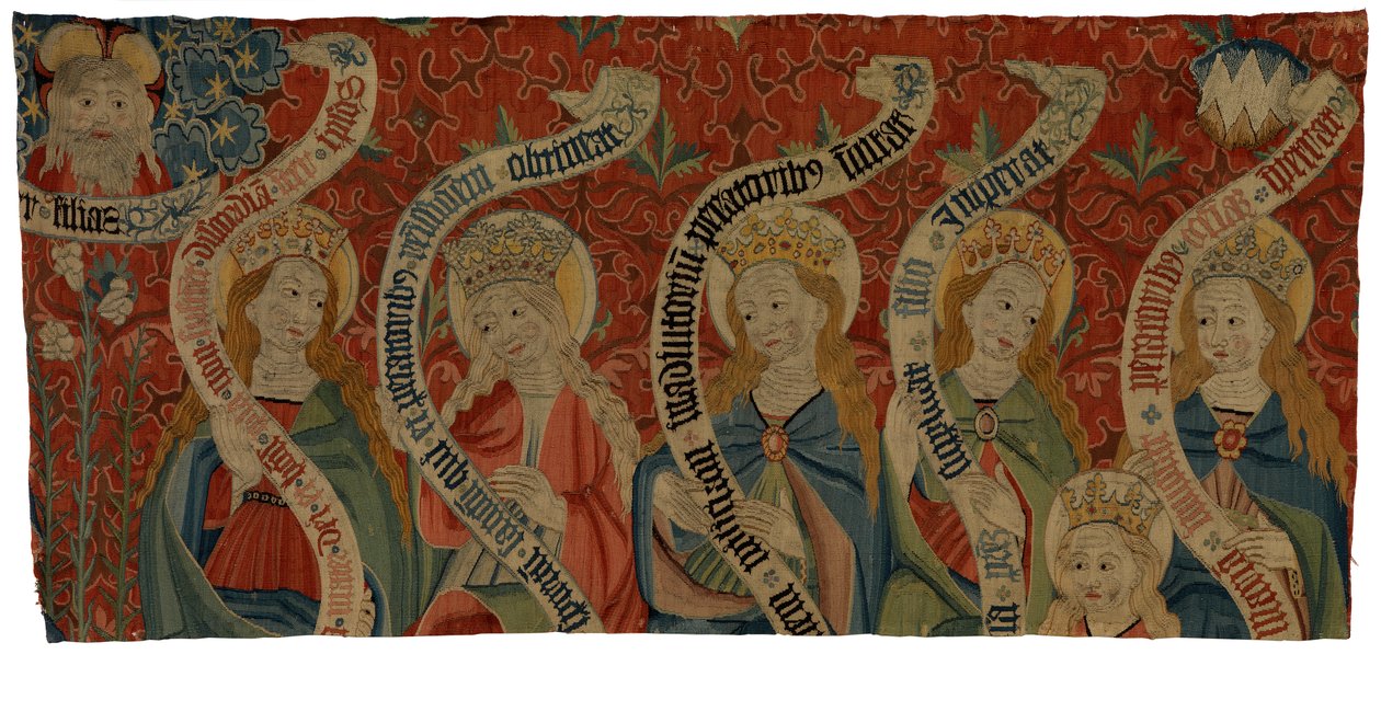 Fragmento de tapeçaria representando o Todo-Poderoso e seis mulheres santas, provavelmente de um antepêndio, fim do século XV (lã) de European School