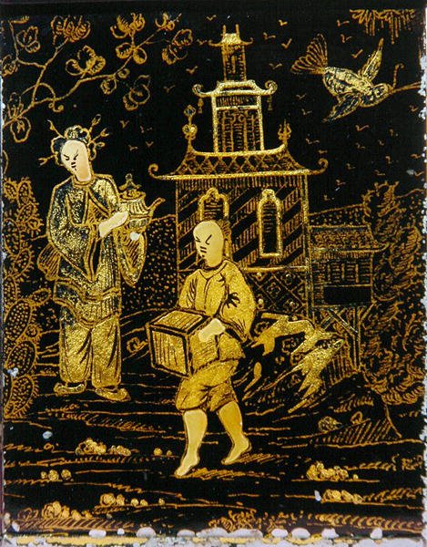 Chá Caddy à maneira chinesa representando um porteiro e uma senhora carregando um bule (metal) de European School