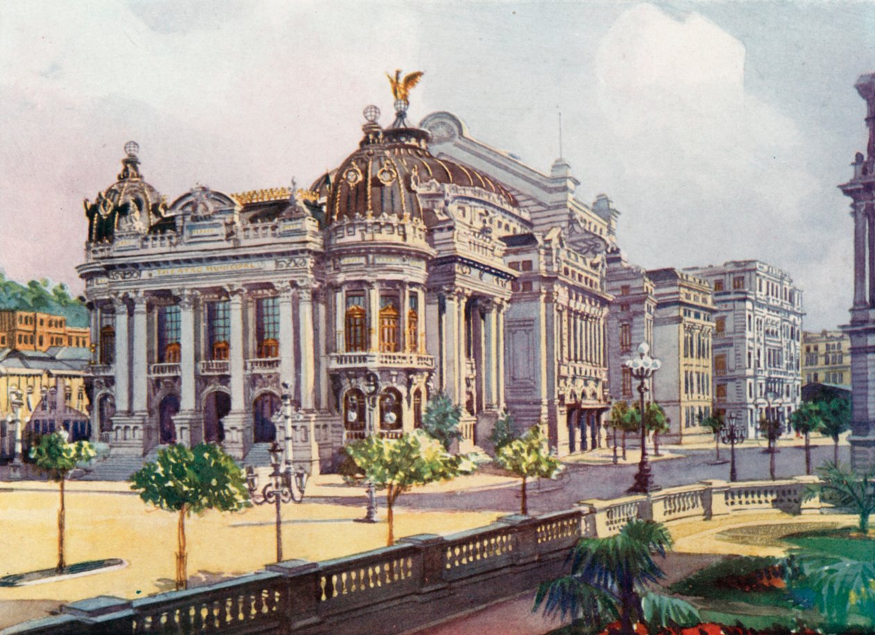 The Municipal Theatre, Avenida Rio Branco (colour litho) de European School