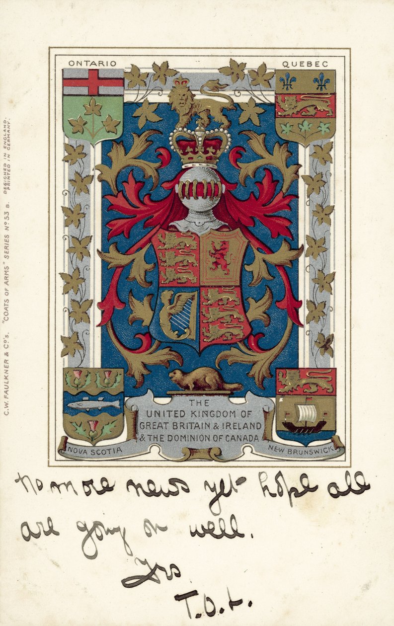 O Reino Unido da Grã-Bretanha e da Irlanda e o Domínio do Canadá (litografia a cores) de European School
