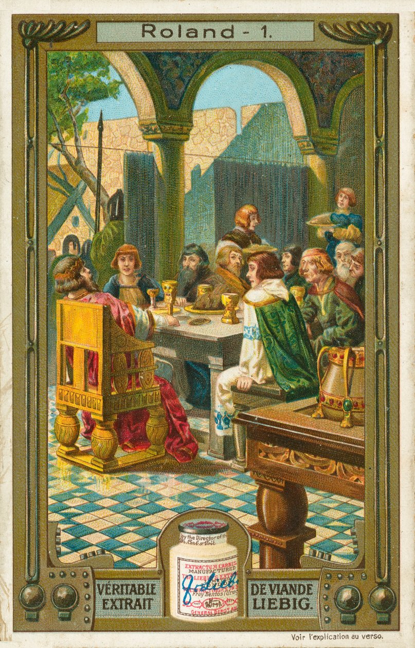 A história de Roland, cartão Liebig, início do século XX (cromo) de European School
