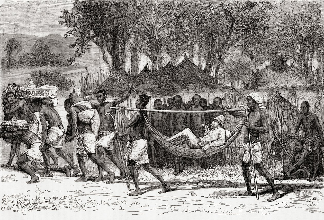 Verney Lovett Cameron chegando à aldeia de Oulonnda, África, 1878 (gravura em madeira) de European School