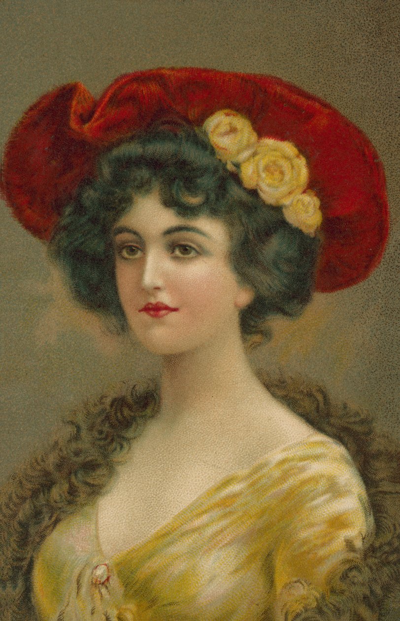 Mulher com um chapéu eduardiano (litografia a cores) de European School