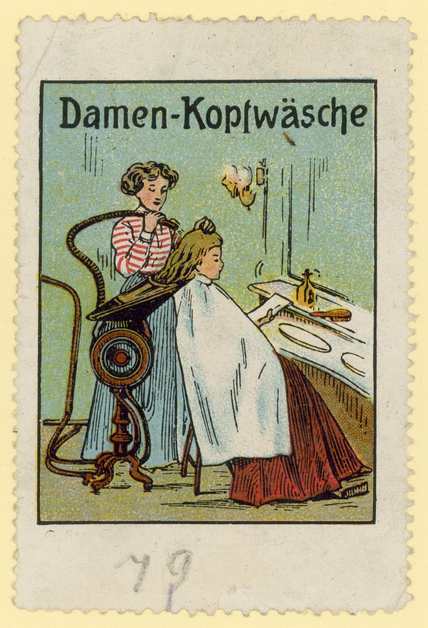 Máquina de lavar o cabelo de mulher (litografia a cores) de European School