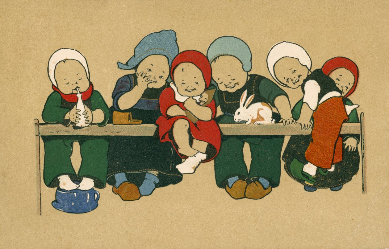 Jovens crianças holandesas em traje (litografia a cores) de European School