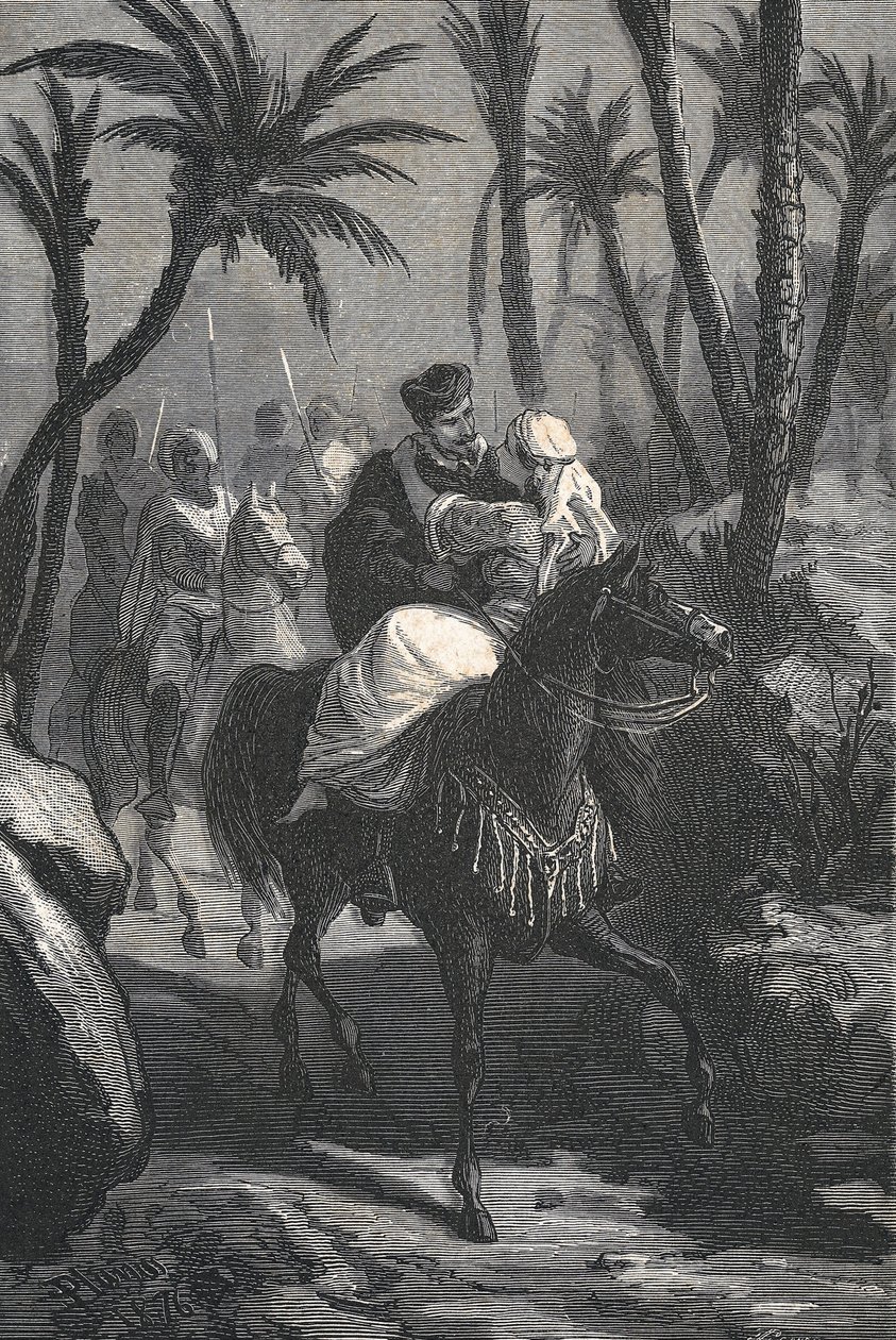 Cervantes monta um cavalo com uma mulher num oásis de Eusebio Planas