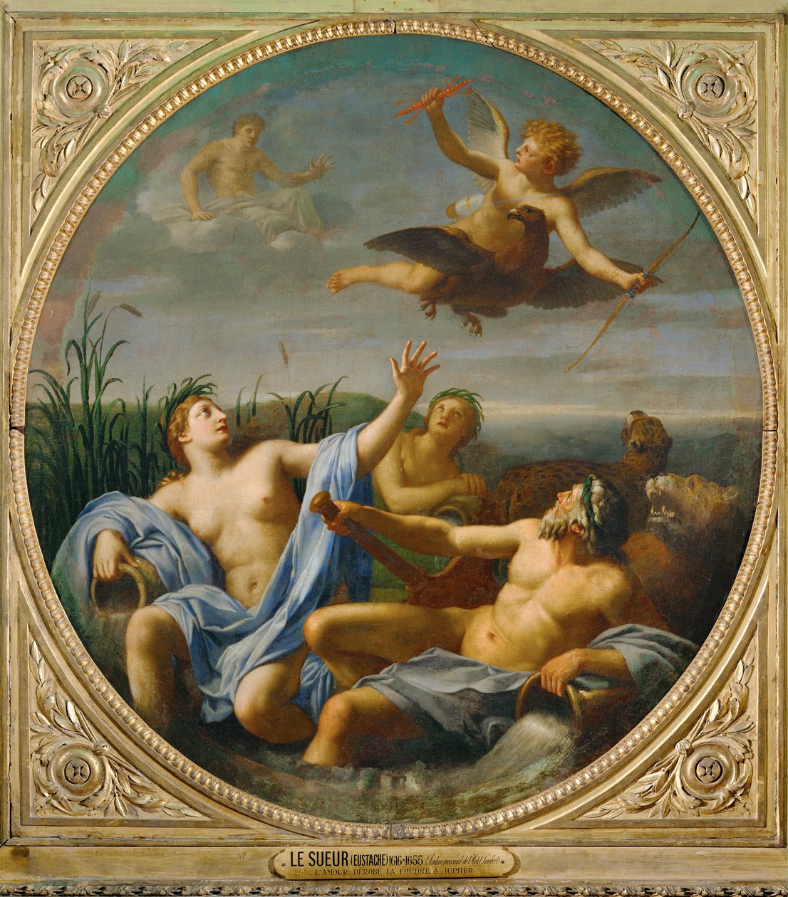 O amor, depois de ter derrotado o raio de Júpiter, voa para longe ... de Eustache (studio of) Le Sueur