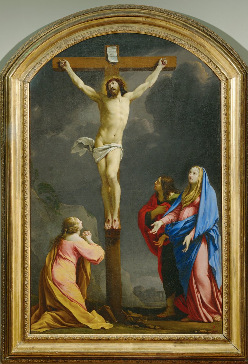 Cristo na cruz, entre a Madalena, a Virgem e São João - Crucifixão ... de Eustache (studio of) Le Sueur