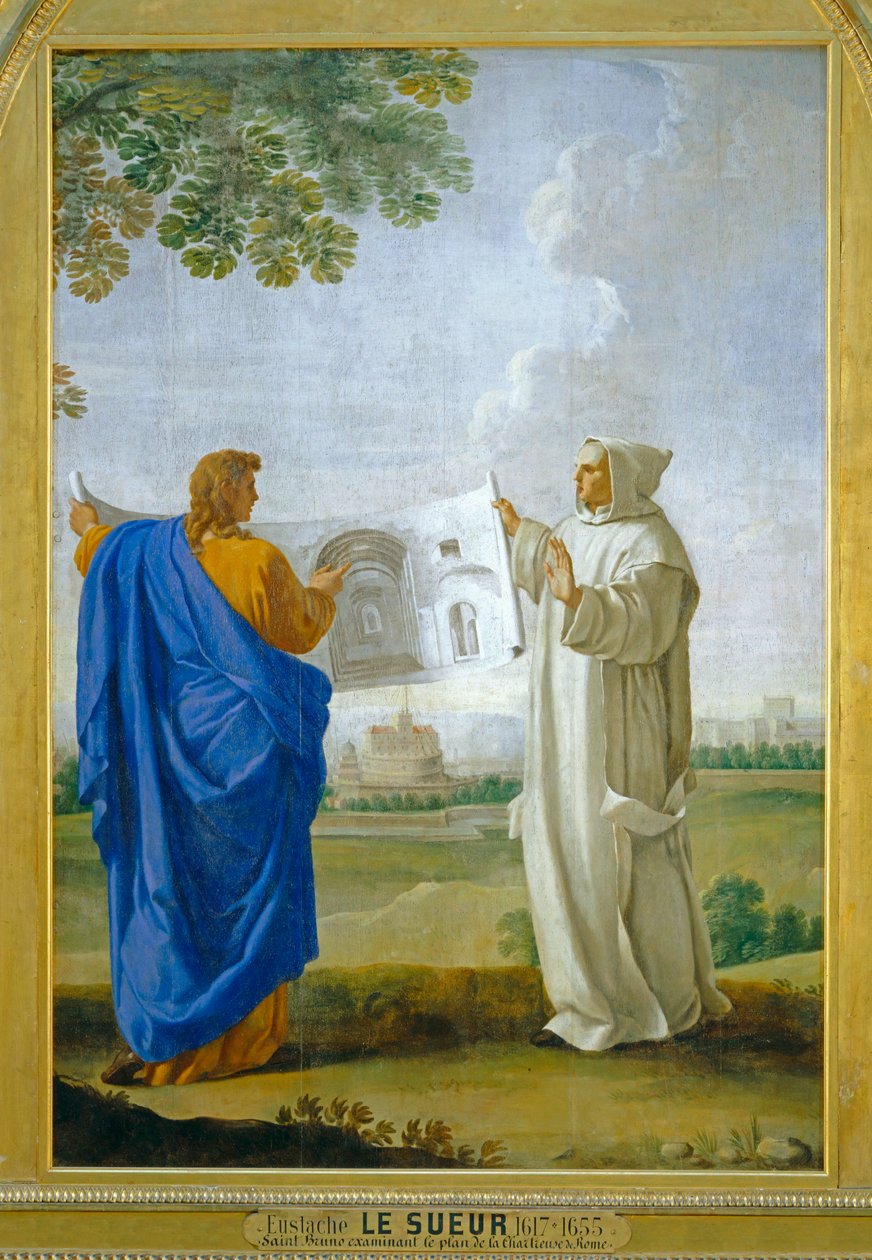 São Bruno examina um desenho das termas de Diocletien, futuro local da casa de foral de Roma ... de Eustache (studio of) Le Sueur